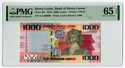 Sierra Leone 1000 Leones 2016 Fancy Number PMG 65 EPQ
P# 30c, N# 206278; # GA400000; UNC