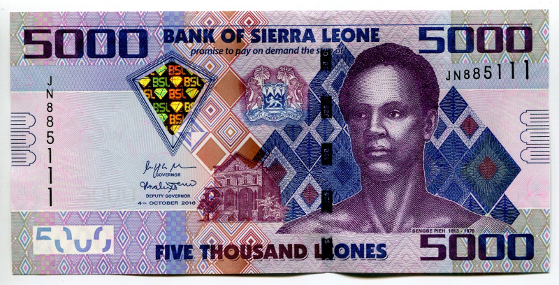 Sierra Leone 5000 Leones 2018
P# 32d, N# 208454; # JN885111; UNC