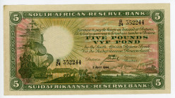 South Africa 5 Pounds 1944
P# 86b, N# 231789; # B/24 352244; Signature J. Postmus; XF