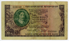South Africa 20 Rand 1962 - 1965 (ND)
P# 108A, N# 232028; # D/2 303518; First line of bank name and value in Afrikaans; Signature G. Rissik