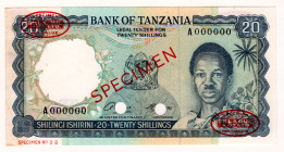Tanzania 20 Shillings 1966 (ND) Specimen
P# 3s, # A000000; UNC