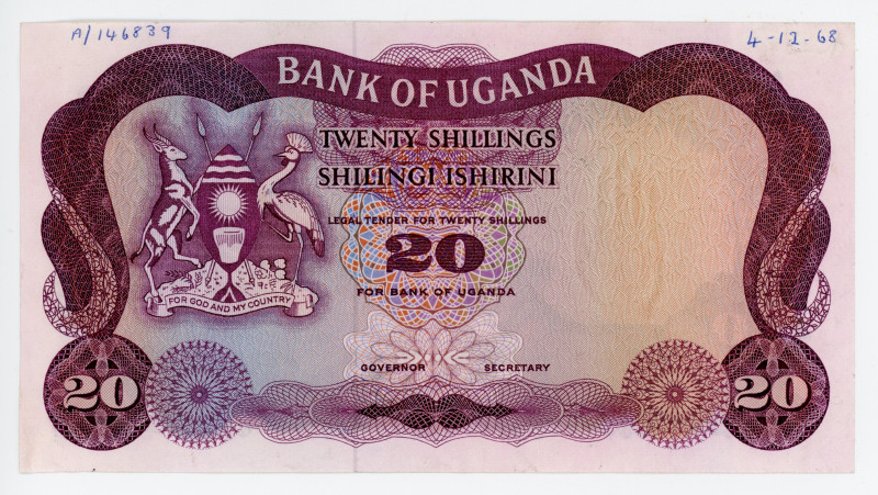 Uganda 20 Shillings 1966 Error Print
P# 3, N# 224466; # Without number and sign...