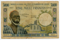 West African States Ivory Coast 5000 Francs 1961 - 1965 (ND) A
P# 104Ai, N# 270767; # B.2270 867; Signature 10; F