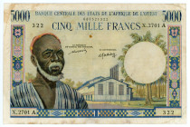 West African States Ivory Coast 5000 Francs 1961 - 1977 (ND) A
P# 104Aj, N# 270767; # X.2701 322; F-VF