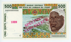 West African States Burkina Faso 500 Francs 1994 C Specimen
P# 310Cds, N# 204252; Specimen Sans Valeur #1009, 9400000000; UNC