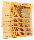 West African States 5 x 500 Francs 2012 A - D - H - S - T Different Series
N# 203873; UNC