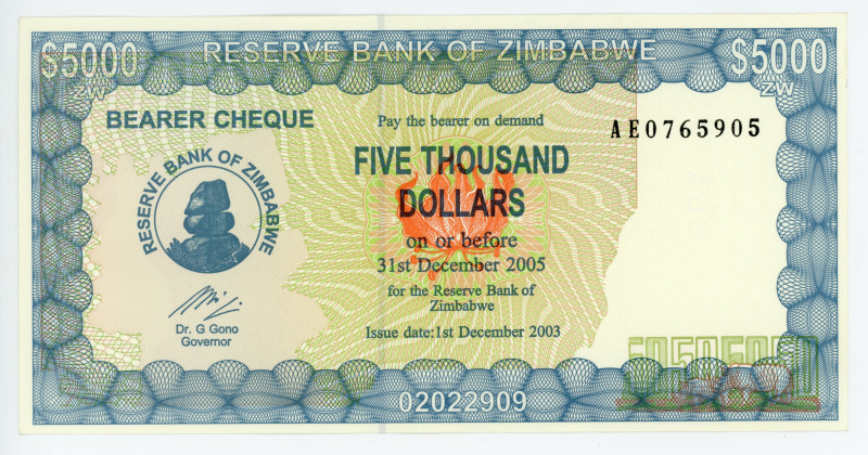 Zimbabwe 10000 Dollars 2003 - 2005 (ND) Bearer Cheque
P# 22d, N# 207546; # AE07...