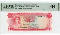 Bahamas 3 Dollars 1968 PMG 64 Choice Uncirculated
P# 28a, # B531003