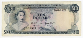 Bahamas 10 Dollars 1968
P# 30a, N# 223366; # D 006921; VF