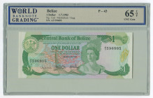 Belize 1 Dollar 1983 WBG 65 TOP Gem UNC
P# 43, N# 275643; # A/5 595805; UNC