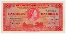 Bermuda 10 Shillings 1952
P# 19a, N# 254394; # G/I 662281; XF