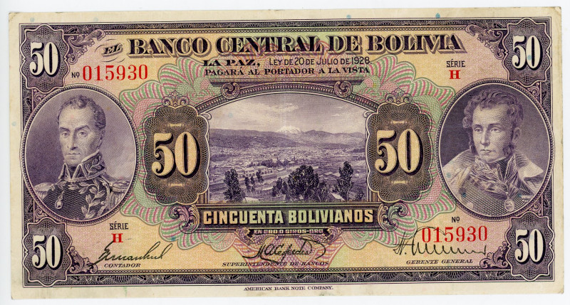 Bolivia 50 Bol 1928
P# 124a, N# 212595; # H 015930; XF