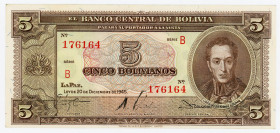 Bolivia 5 Bolivianos 1945
P# 138a, N# 212365; # B 176164; UNC