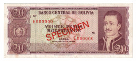 Bolivia 20 Bolivianos 1962 Specimen
P# 155s, N# 280169; # E000000; UNC