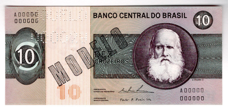 Brazil 10 Cruzeiros 1970 - 1980 (ND) Specimen
P# 193bs, # A00000000000; UNC