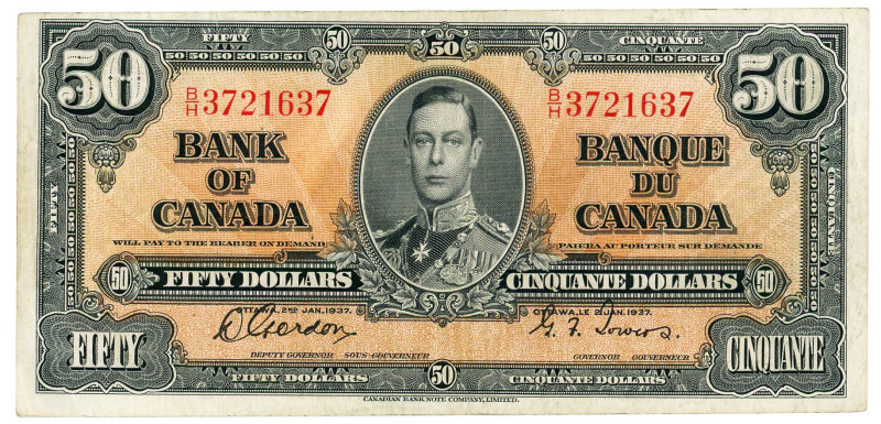 Canada 50 Dollars 1937
P# 63a, N# 201725; # BH3721637; Signature Donald Gordon;...