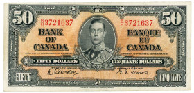 Canada 50 Dollars 1937
P# 63a, N# 201725; # BH3721637; Signature Donald Gordon; UNC