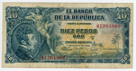 Colombia 10 Pesos Oro 1958
P# 400b, N# 236947; # 41264880; VF