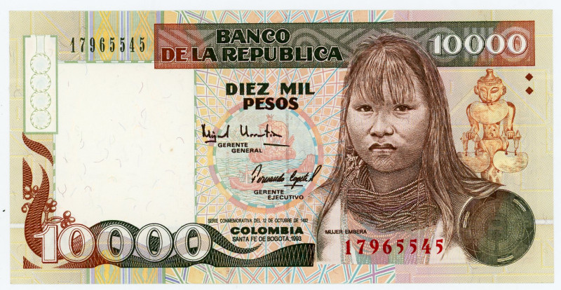 Colombia 10000 Pesos 1993
P# 437A, N# 213677; # 17965545; UNC