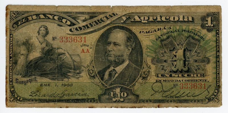 Ecuador 1 Sucre 1903
P# S126a, N# 217426; # 333631; Serie AA; VG-F