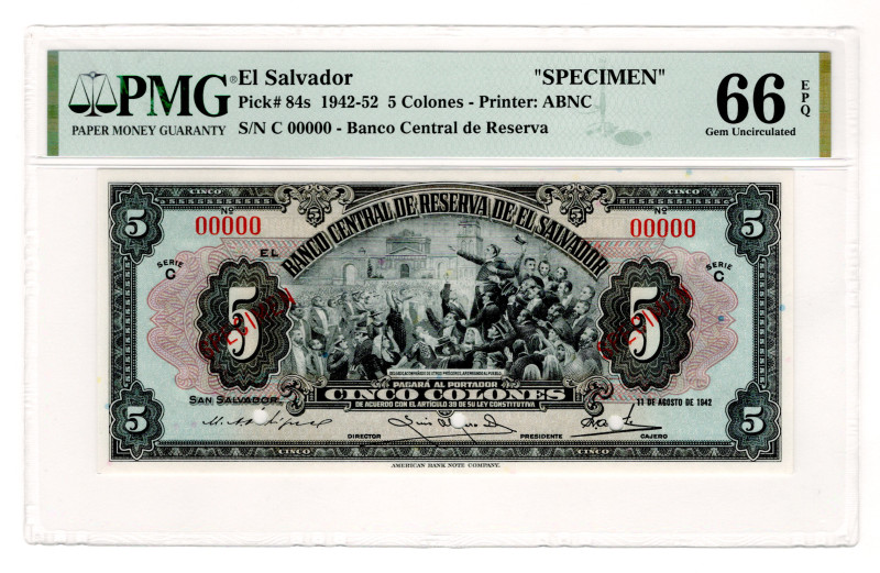 El Salvador 5 Colones 1942 - 1952 (ND) Specimen PMG 66 EPQ
P# 84s, # C00000; UN...