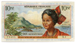 French Antilles 10 Nouveaux Francs 1963 (ND)
P# 5a, N# 210727; # X.1 2171405; XF
