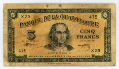 Guadeloupe 5 Francs 1942
P# 21, N# 287005; # X23 475; Columbus at center; VG