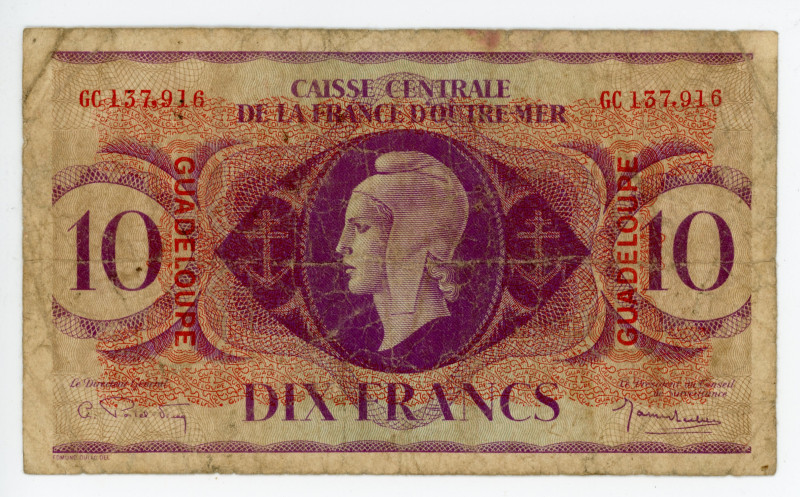 Guadeloupe 10 Francs 1944
P# 27a, N# 202432; # GC 137,916; VG-F