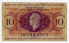 Guadeloupe 10 Francs 1944
P# 27a, N# 202432; # GC 137,916; VG-F
