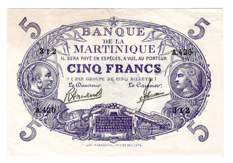 Martinique 5 Francs 1934 - 1945
P# 6, N# 338051; # A420 312; VF-XF