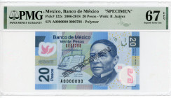 Mexico 20 Pesos 2006 PMG 67 EPQ "SPECIMEN"
P# 122s, N# 201892; # A0000000 / A0000798; Polymer; UNC
