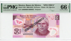 Mexico 50 Pesos 2005 PMG 66 EPQ "SPECIMEN"
P# 123s, N# 210546; # A0000000 / D0000892; Polymer; UNC