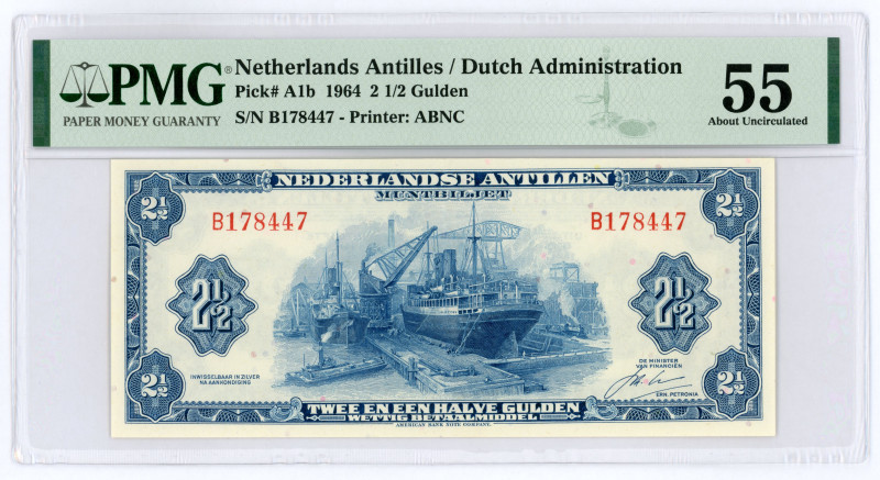 Netherlands Antilles 2-1/2 Gulden 1964 PMG 55
P# A1b, N# 213944; # B178447; AUN...