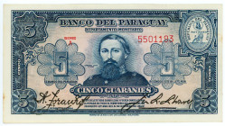 Paraguay 5 Guaranies 1943
P# 179, N# 342389; # A 5501193; AUNC