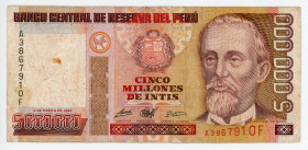 Peru 5000000 Intis 1990
P# 149, N# 301312; # A3867910F; VF