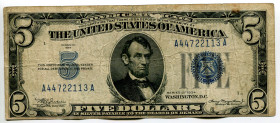 United States 5 Dollars 1934
P# 414A, N# 202433; # A44722113A; Silver Certificate, Blue Seal and 5; VF