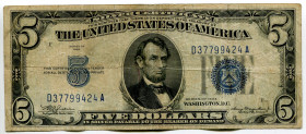 United States 5 Dollars 1934
P# 414A, N# 202433; # D37799424A; Silver Certificate, Blue Seal and 5; VF