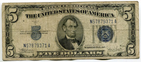 United States 5 Dollars 1934 C
P# 414Ac, N# 202433; # N57879371A; Silver Certificate, Blue Seal and 5; VF-