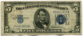 United States 5 Dollars 1934 D
P# 414Ad, N# 202433; # U54854813A; Silver Certificate, Blue Seal and 5; VF