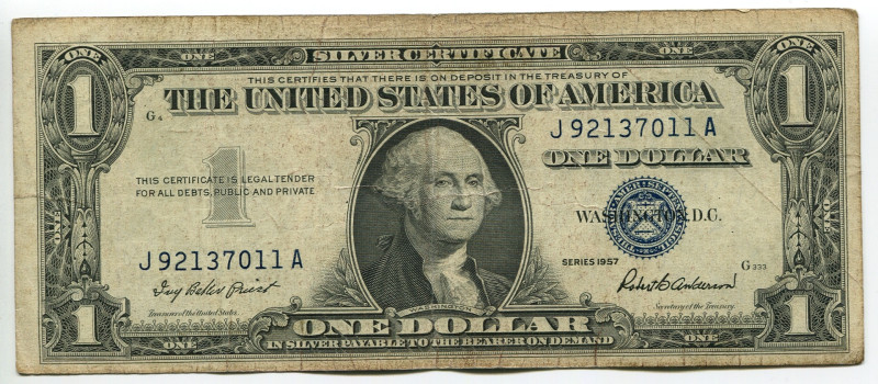 United States 1 Dollar 1957
P# 419, N# 201794; # J92137011A; Silver Certificate...