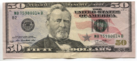 United States 50 Dollars 2013 Error Note
P# 542, N# 201849; # MB 75980014 B; Federal Reserve Note, Colored, Off Center Print; XF+