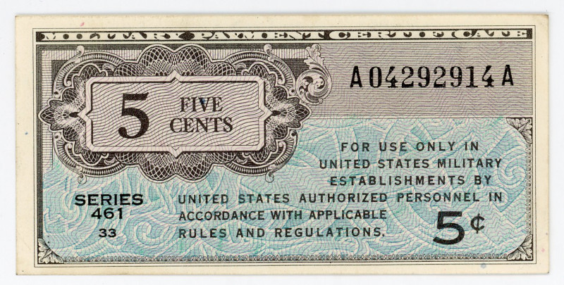 United States 5 Cents 1946 (ND) MPC
P# M1, N# 283398; # A04292914A; XF