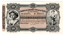 Uruguay Banco de Londres y Rio de La Plata 10 Pesos 1883
P# S242, # 418473; UNC