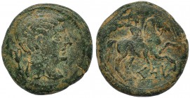 KESE, Tarragona. Unidad. A/ Marca: ánfora. R/ Jinete con palma a der.; debajo ley. ibérica KESE. AE-13,85 g. CNH-51. I-2275. BC.
