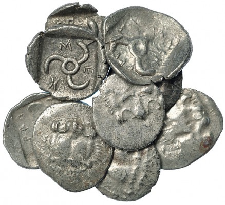 LYCIA. Mithrapata. Lote de 9 dióbolos (460-360 a.C.). A/ Cabeza de león de frent...