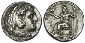 ALEJANDRO III. Tetradracma (324-323 a.C.). Babilonia. R/ Zeus entronizado a izq. con águila y cetro; a la izq., delfín sobre M y monograma bajo el tro...