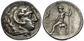 MACEDONIA. Demetrio I. Tetradracma (300-295 a.C.). A nombre de Alejandro III. Miletos. R/ Zeus entronizado a izq. con cetro y águila; monograma a la i...