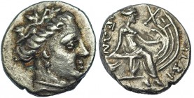 EUBOEA. Histiaea. Tetróbolo (siglo III-II a.C.). A/ Cabeza de Maenad a der. R/ Histiaea sentada a der. sobre proa. AR 2,10 g. COP-517. SBG-2496. Rayit...