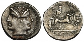 ACUÑACIONES ROMANO-CAMPANIENSES. Cuadrigato. Roma (225-212 a.C.). A/ Cabeza laureado de Jano. R/ Júpiter en cuádriga a der.; debajo ley. ROMA en relie...