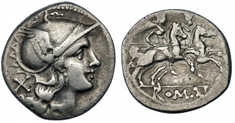 ANÓNIMO. Denario. Sur de Italia (200-190 a.C.). R/ Los dióscuros a caballo a der...